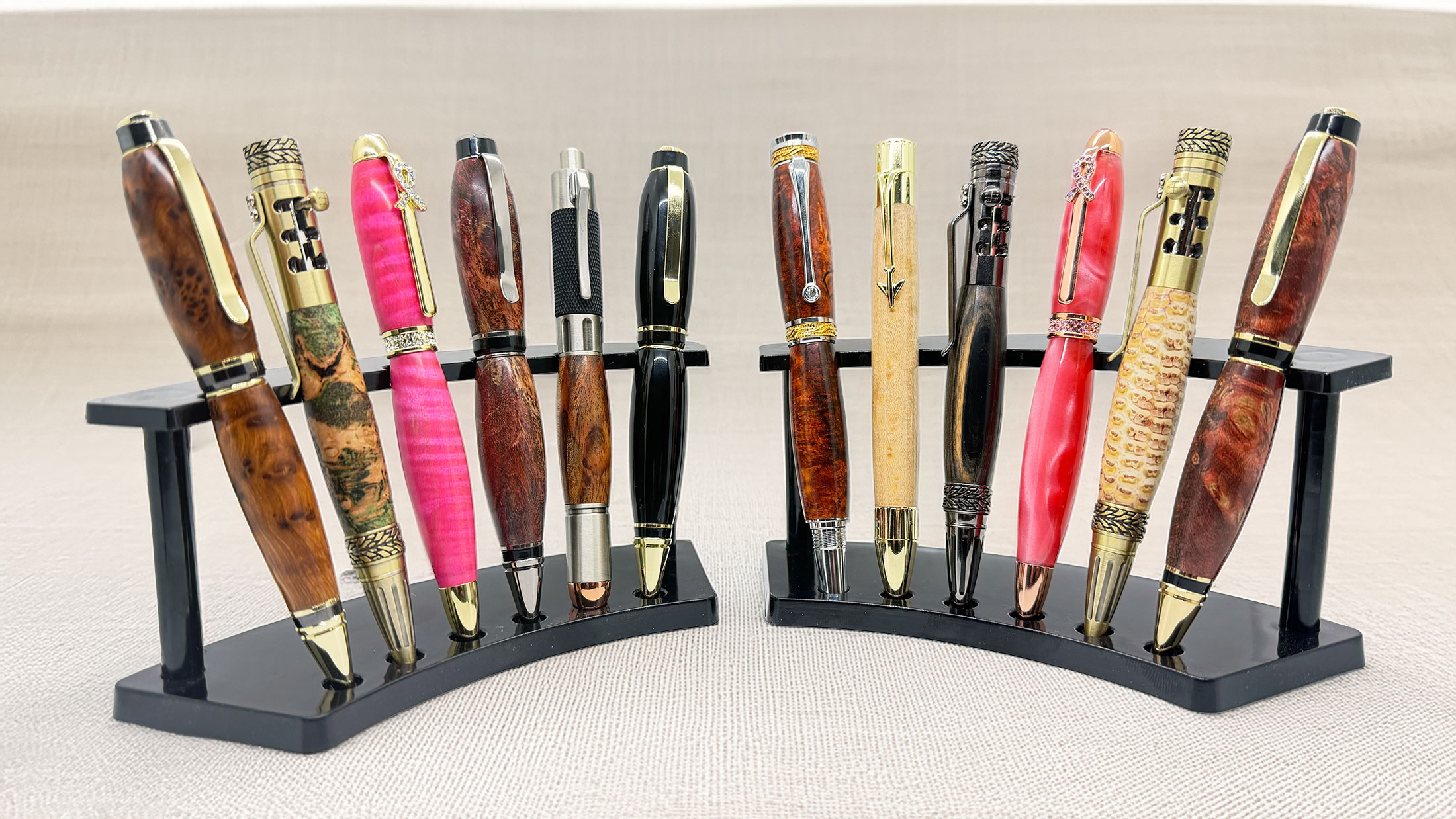 14 hand-turned wood pens on display stands — Crocker's Workshop, Ladera Ranch California