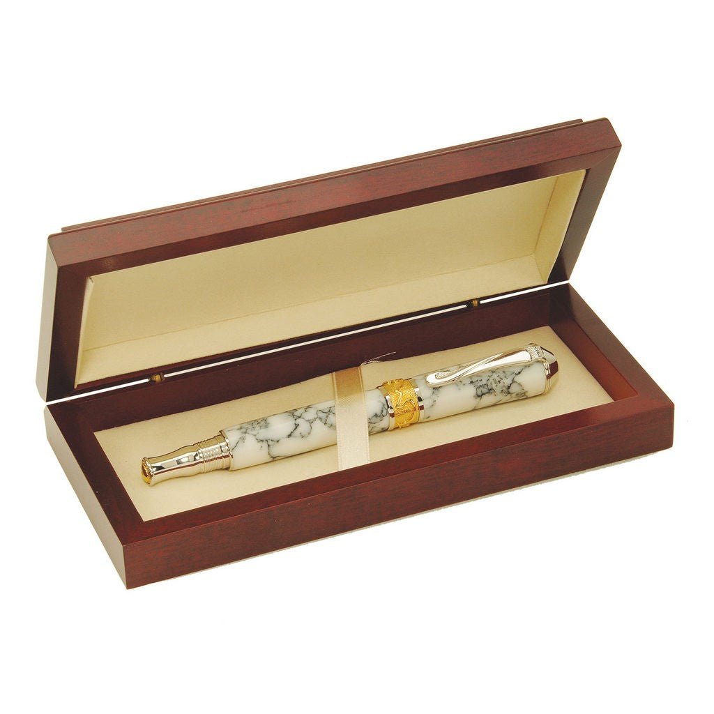 Cherry hardwood pen display box with brass hinge and felt-lined interior