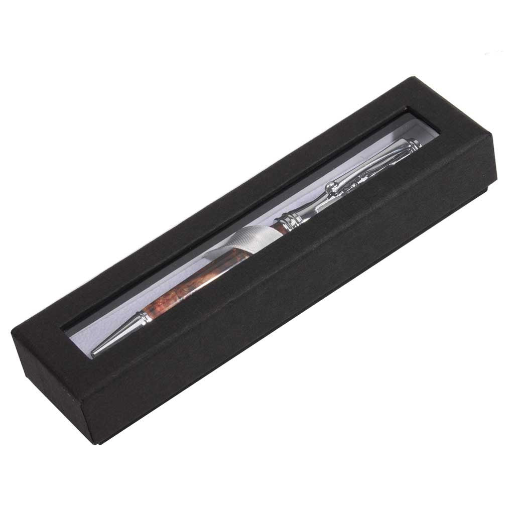Slim textured-linen gift box with a clear window lid showing the pen inside