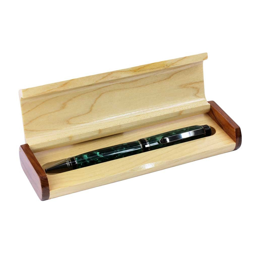Maple and rosewood-tone pen display box with brass hinge, lid open as a display stand