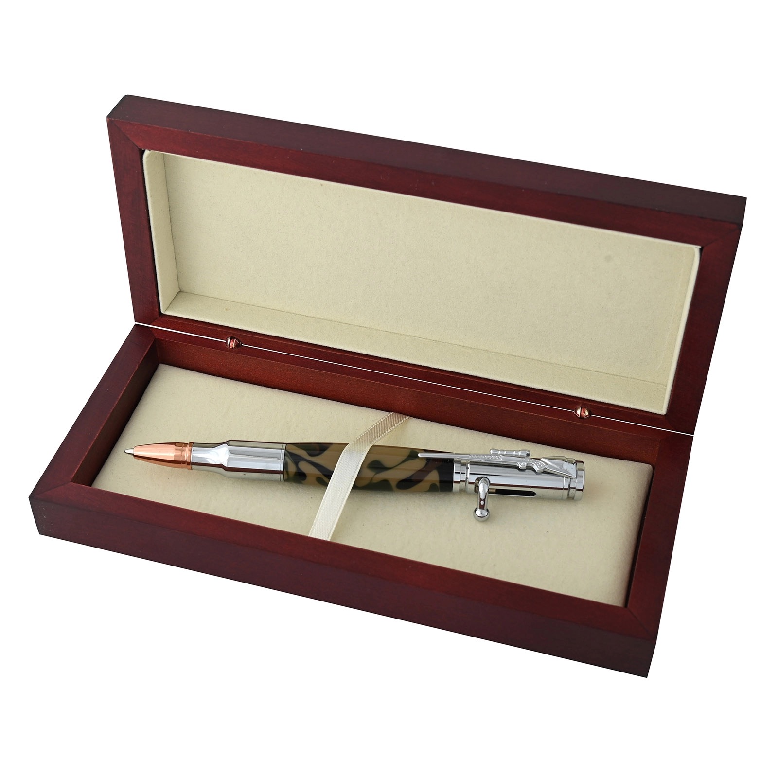 Cherry two-pen box with American flag engraving on the lid
