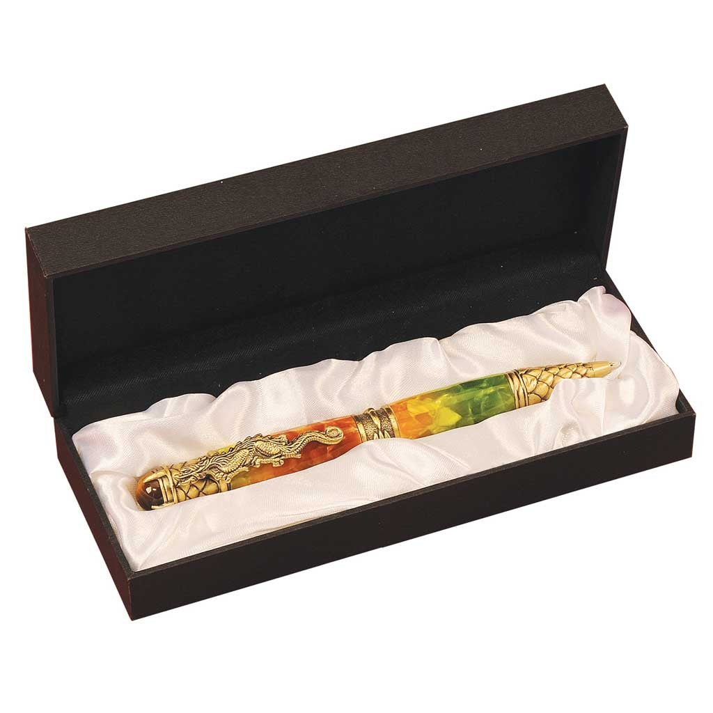 Satin-lined gift box with foam bed that fits any pen